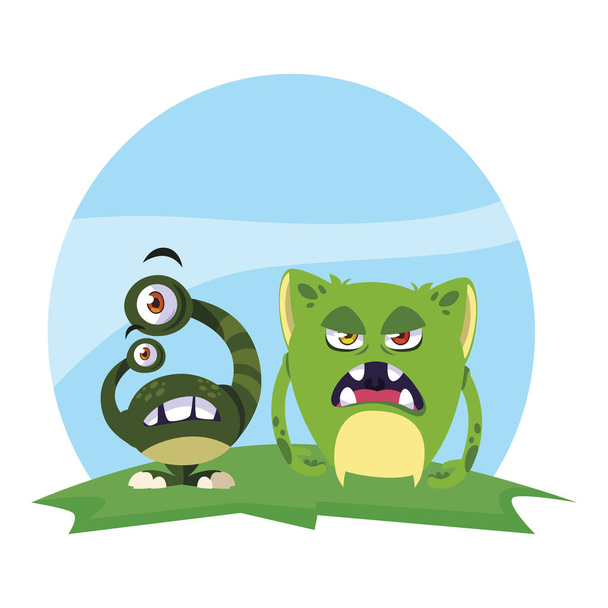 divertido monstruos pareja en el campo personajes colorido
 - Vector, imagen