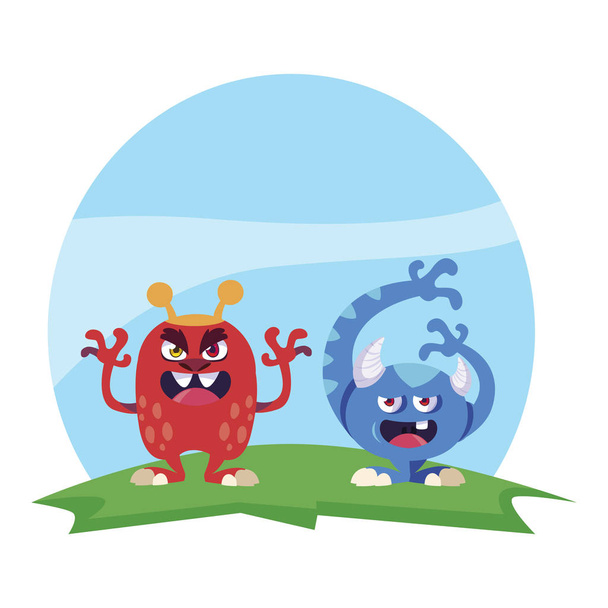 grappige monsters paar in het veld karakters kleurrijke - Vector, afbeelding