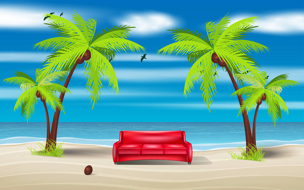červené pohovky na pláži v létě - Vektor, obrázek
