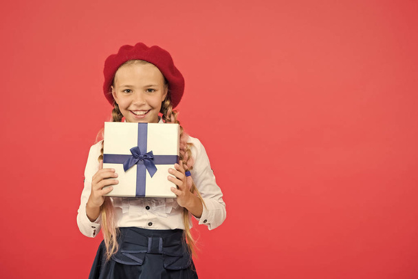 Thank you so much. Birthday wish list. Happy birthday concept. Girl kid hold birthday gift box. Every girl dream about such surprise. Birthday girl carry present with ribbon bow. Art of making gifts - 写真・画像
