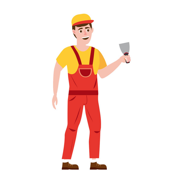 Professional working man with spatula. Vector illustration, isolated. Construction industry, repair, new home, building interior - Vector, Image