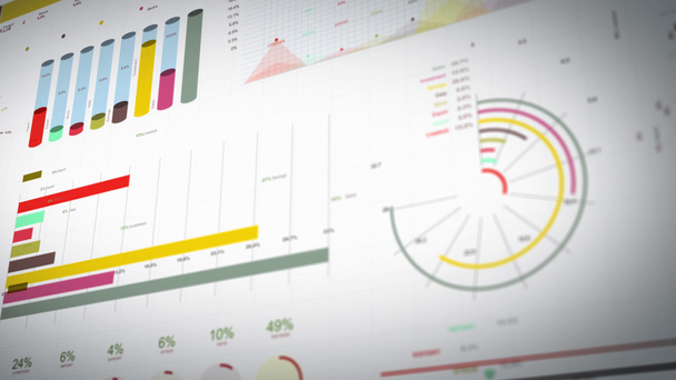 Business Statistics, Market Data And Infographics Layout/ 4k animation of a set of design business and market data analysis and reports, with infographics, bar stats, charts and diagrams - Footage, Video