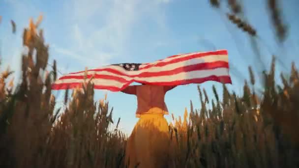 Dziewczyna z flagą Ameryki w polu - Materiał filmowy, wideo