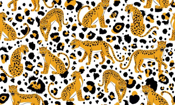 Nahtloses Leopardenmuster. Komposition mit knurrenden Leoparden und Leopardenpunkten isoliert auf weißem Hintergrund. - Vektor, Bild