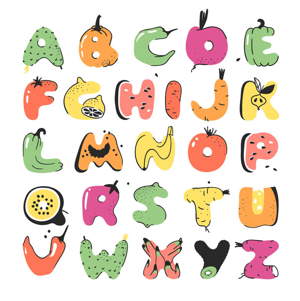 Cartoon vector illustration vegetables and fruits ABC. Hand draw - Vetor, Imagem