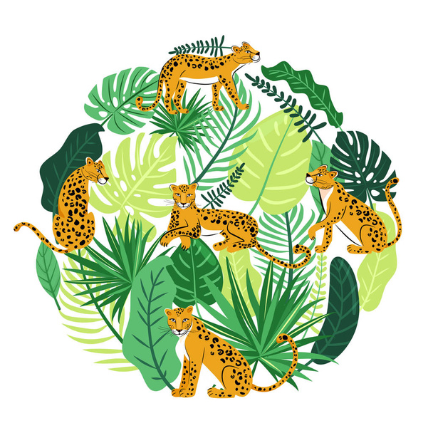 Tropische bladeren en schattige luipaarden rond de cirkel. - Vector, afbeelding