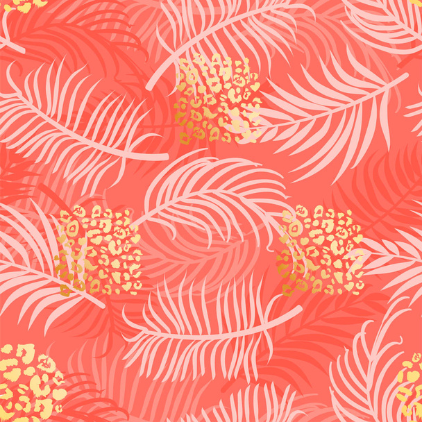Tropical leaves seamless pattern. Trendy living coral color. - Vector, Image