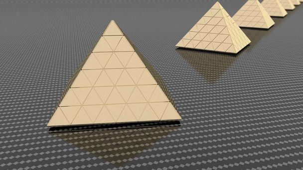 Representación en 3D de pirámides doradas y pirámide de plata sobre fondo de ajedrez de metal. La idea de riqueza y estabilidad, la fuerza del sistema financiero. Ilustración 3D
. - Foto, Imagen