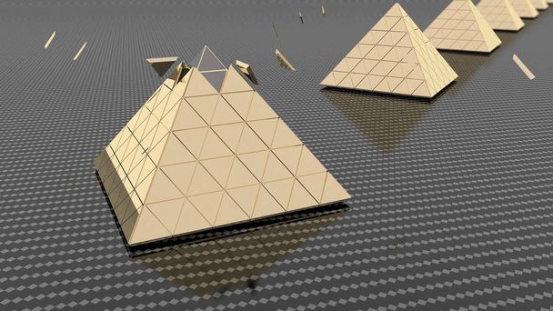 Representación en 3D de pirámides de oro y plata las pirámides sobre un fondo de metal de tablero de ajedrez y piezas establecidas. La idea de riqueza y estabilidad, la fuerza del sistema financiero. Ilustración 3D
. - Foto, Imagen