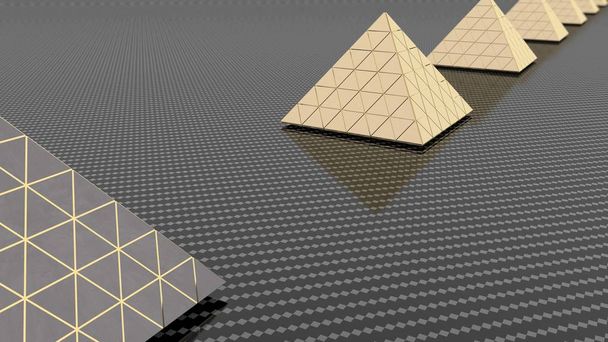 3D-Darstellung von goldenen Pyramiden und silbernen Pyramiden auf metallischem Schachhintergrund. die Idee von Wohlstand und Stabilität, die Stärke des Finanzsystems. 3D-Illustration. - Foto, Bild