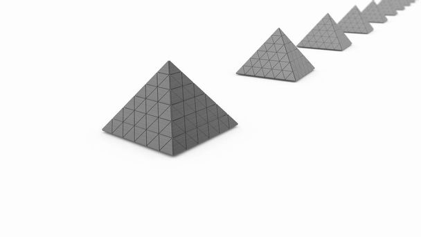 Representación en 3D de pirámides doradas y pirámide de plata sobre fondo blanco y muchos fragmentos. La idea de riqueza y estabilidad, la fuerza del sistema financiero. Ilustración 3D
. - Foto, Imagen