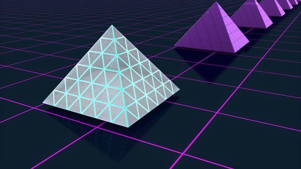宇宙の背景に輝くピラミッドの3Dイラスト。未来、未来的なスタイル、理想的な世界の抽象化、ピラミッドの街。3D レンダリング - 写真・画像