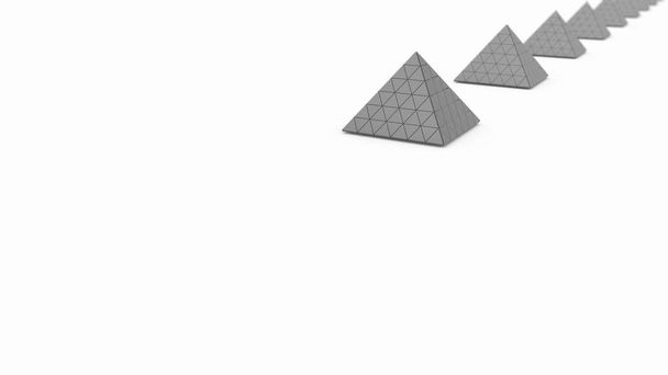白い背景と破片の多くに黄金のピラミッドと銀のピラミッドの3Dレンダリング。富と安定の考え方、金融システムの強さ。3Dイラスト. - 写真・画像