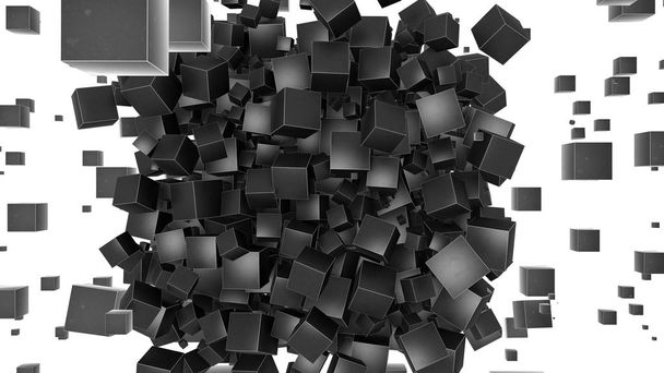 3D rendering of many cubes in space, the cubes scatter after the explosion and are randomly arranged in space. The idea of the big Bang and the digital revolution, technology. - Photo, Image