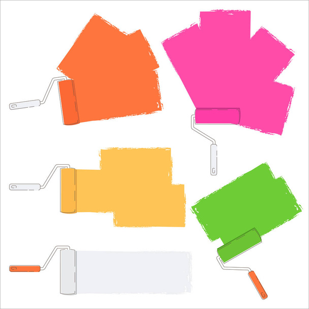 conjunto de cinco rodillos de varios colores con manchas de pintura
 - Vector, imagen