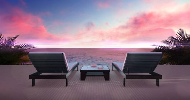Два деревянных шезлонга на террасе с видом на океан и красным небом
 - Фото, изображение