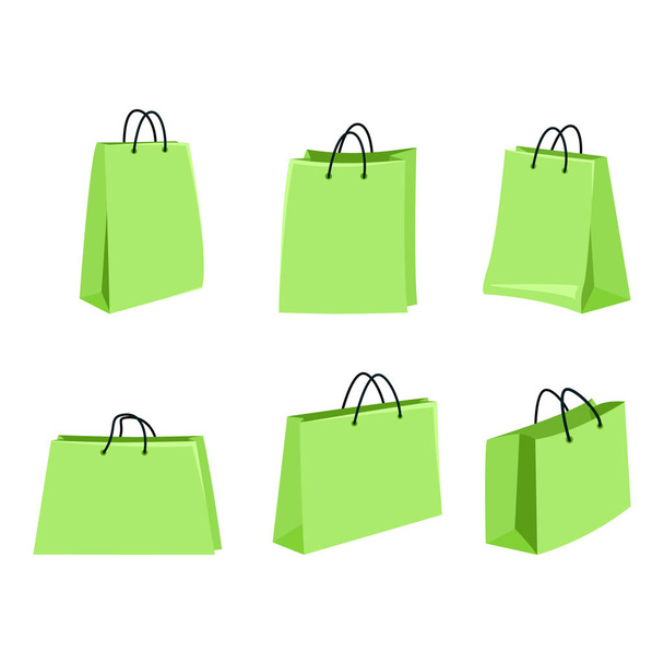 Conjunto vectorial de bolsas de compras planas de color verde claro sobre fondo blanco
 - Vector, imagen