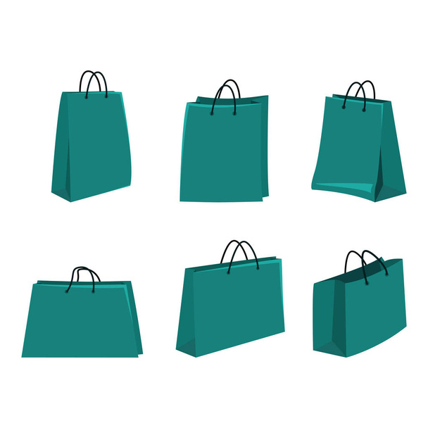 Vektorkészlet lakás zöld bevásárló táskák, fehér háttér - Vektor, kép