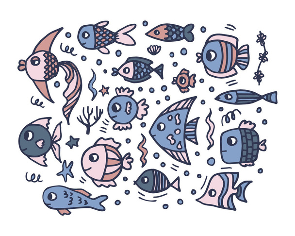 Conjunto de peces de color azul y rosa
 - Vector, Imagen