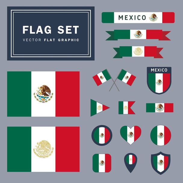 Zestaw vector zbiór 16 różnych meksykańskich flag związanych ilustracje o różnych kształtach dla wielu zastosowań - Wektor, obraz
