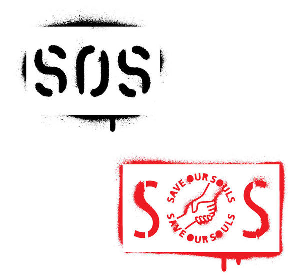 Συντομογραφία SOS (Σώστε τις ψυχές μας). Μαύρο σπρέι για γκράφιτι. - Διάνυσμα, εικόνα