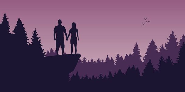 young couple on a cliff in the forest romantic landscape - Vector, Image