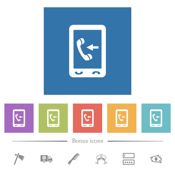 Mobil bejövő hívás lapos fehér ikonok szögletes háttérrel - Vektor, kép