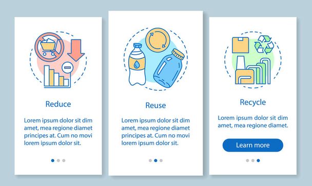 Waste management onboarding mobile app page screen with linear concepts. Zero waste life, reduce, reuse, recycle walkthrough steps graphic instructions. UX, UI, GUI vector template with illustrations - Vektör, Görsel