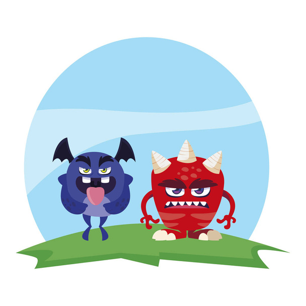 drôle de monstres couple sur le terrain personnages colorés
 - Vecteur, image