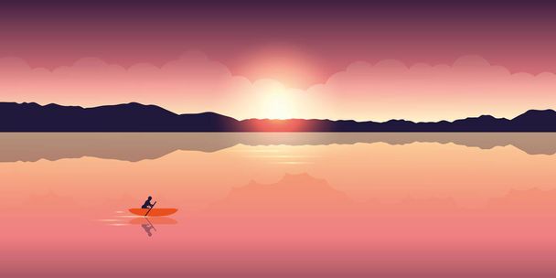 aventura de piragüismo solitario con barco naranja al amanecer en el lago
 - Vector, Imagen