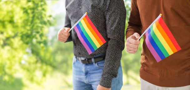close up of male couple with gay pride flags - Photo, image