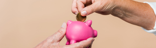 panoramic shot of retired man holding pink piggy bank while senior wife putting coin isolated on beige  - Photo, Image