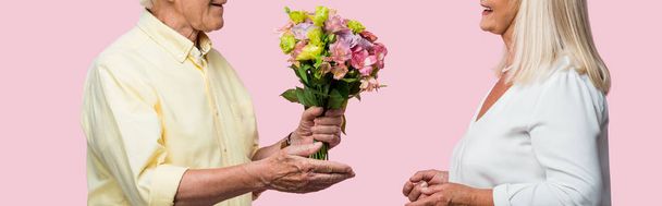 panoramiczny strzał starszy mężczyzna dając bukiet kwiatów do szczęśliwej żony izolowane na różowy  - Zdjęcie, obraz