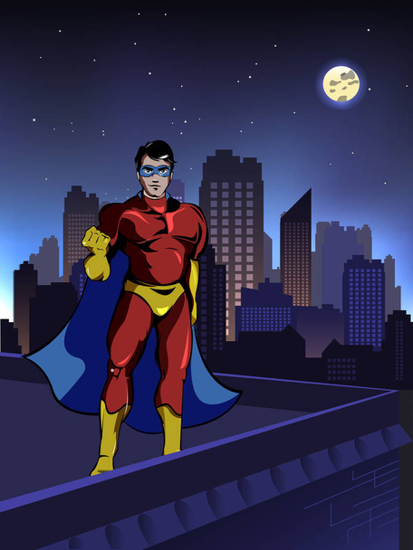 建物の屋根の上のスーパーヒーロー - ベクター画像