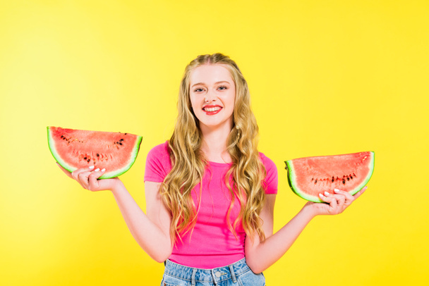 beautiful happy girl with watermelon slices Isolated On yellow - Zdjęcie, obraz