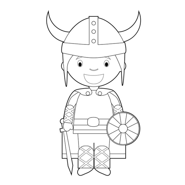 Gemakkelijk kleurplaten cartoon personage uit Zweden, Noorwegen of Scandinavië gekleed in de traditionele manier als een Viking Warrior. Vector illustratie. - Vector, afbeelding