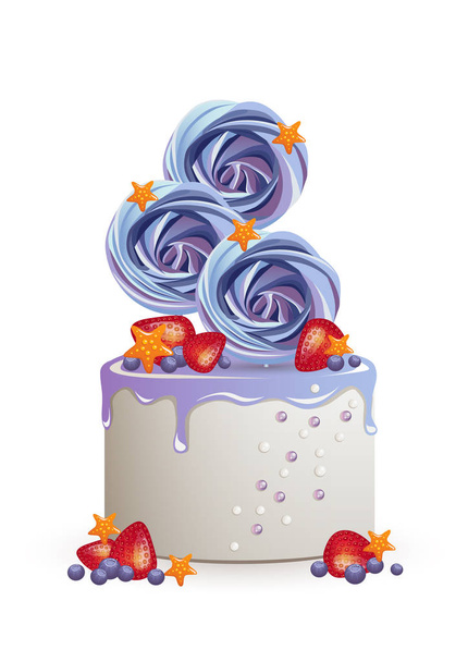 cake with meringue on a stick, icing, strawberries and blueberries - Vector, Image