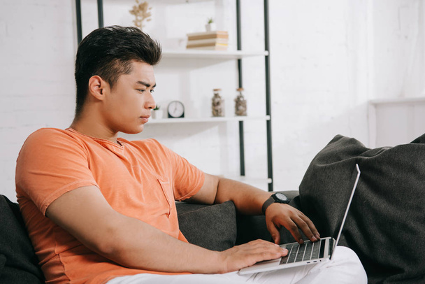 young, attentive asian man using laptop while sitting on couch at home - Foto, Imagem