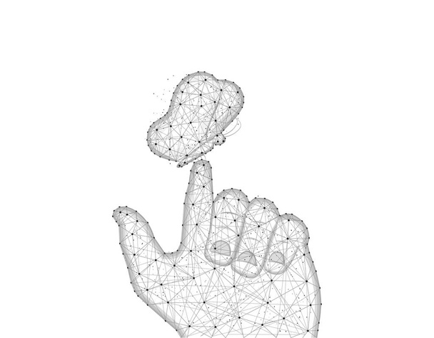 人間の指の低いポリデザイン上の蝶、蛾の多角形のスタイル、白い背景に昆虫学ワイヤーフレームベクトルイラスト - ベクター画像