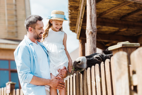 selectieve focus van gelukkige vader holding in Arms schattige dochter in de buurt van houten hek in de dierentuin  - Foto, afbeelding