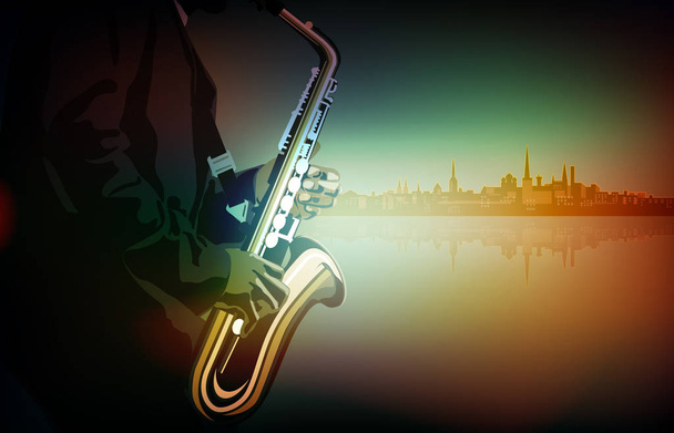 ilustração musical abstrata com saxofone player
 - Vetor, Imagem