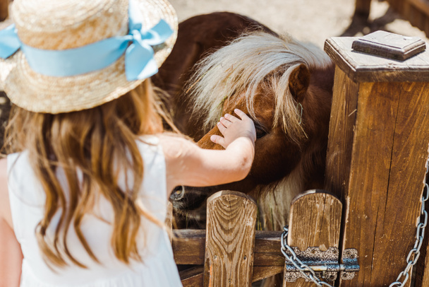 Rückansicht eines Kindes mit Strohhut, das im Zoo ein Pony berührt  - Foto, Bild