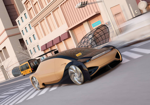 Złoty kolor Self Driving sedan jazdy na drodze. Koncepcja dzielenia się jazdą. obraz renderujący 3D.  - Zdjęcie, obraz