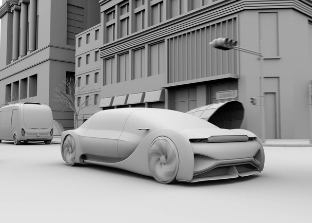 Arcilla representación de auto conducción sedán conducción en la carretera. Concepto de compartir paseo. Imagen de renderizado 3D
.  - Foto, Imagen