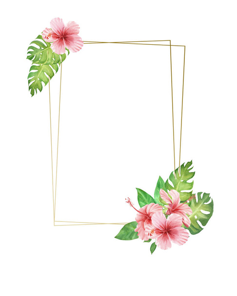 watercolor border frame Pink  tropical flowers and leaves. monstera leaves and hibiscus bouquet - Foto, Imagem