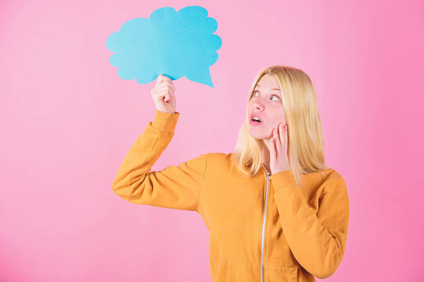 Think about. Fresh idea. Idea and creativity concept. Ideas and thoughts copy space. Girl cute blonde with speech bubble. Thought of inspired adorable woman. Idea and inspiration. What is on her mind - 写真・画像