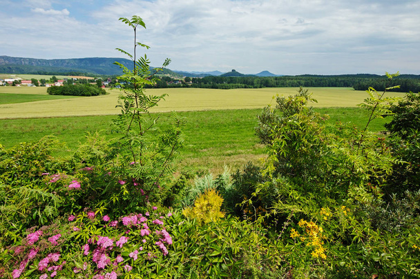 view over the fields to Zirkelstein rock - Photo, Image