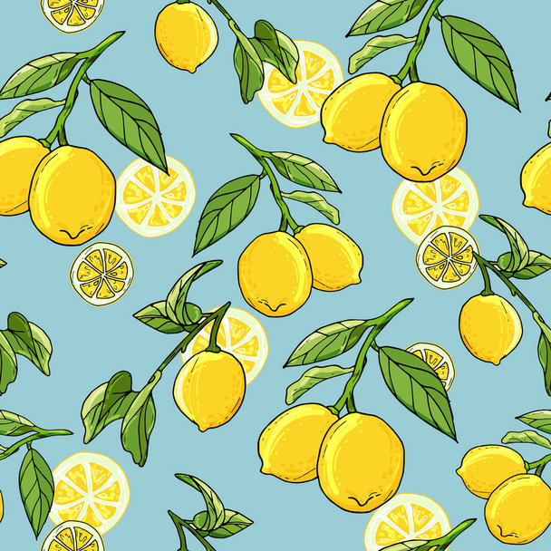 Fresh lemons hand drawn background. Doodle wallpaper idea. - ベクター画像