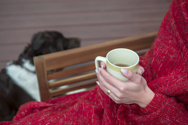 Young girl wrapped in plaid with cup of tea in hands - Photo, image