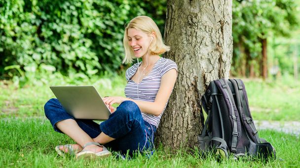 girl blogger write post for social network. modern woman with notebook blogging. woman drink coffee. Inspiration for blogging. girl runs her blog on notebook. summer online. Inspired to work hard - 写真・画像